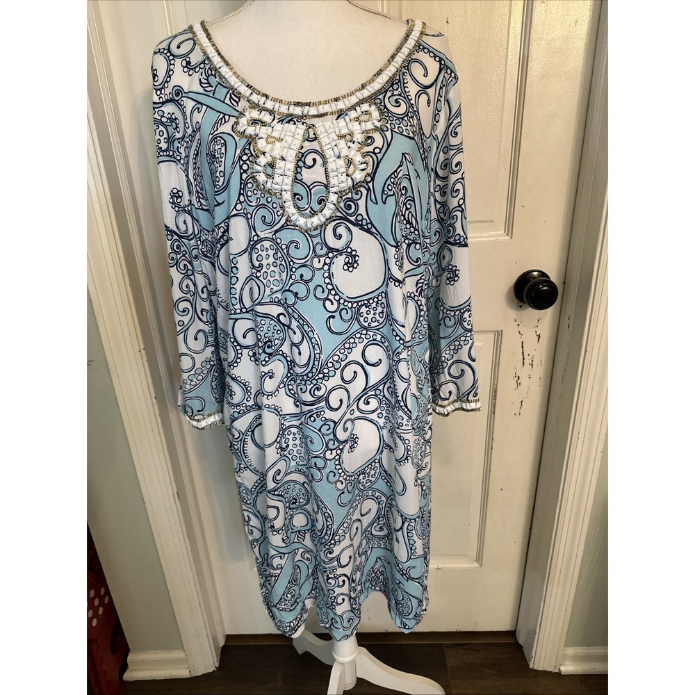 Lilly Pulitzer Sarah‎ Tunic Dress Womens Large Blue White 3/4 Sleeves Beaded